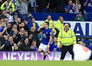 Everton v Aston Villa - Goodison Park Collection: Seamus Coleman Scores Third Goal: Everton's Victory Over Aston Villa in Barclays Premier League