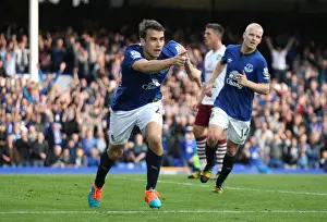 Everton V Aston Villa - Goodison Park Prints: Seamus Coleman's Stunner: Everton's Triumphant Third Goal Against Aston Villa in the Premier League