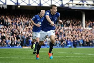 Images Dated 18th October 2014: Seamus Coleman's Triumph: Everton's Exhilarating Third Goal Against Aston Villa in the Premier