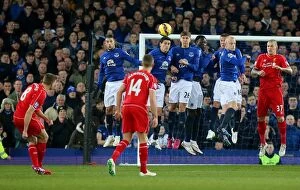 Images Dated 7th February 2015: Steven Gerrard's Free Kick Showdown: Everton's Wall Braces at Goodison Park