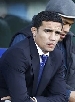 Images Dated 18th February 2012: Tim Cahill Contemplates Everton's FA Cup Victory Over Blackpool at Goodison Park (February 18, 2012)