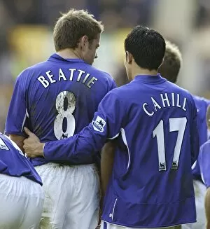 Everton v Aston Villa Collection: Tim Cahill and James Beattie