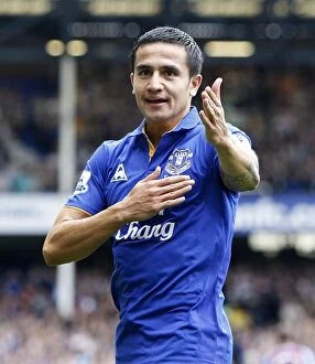 Images Dated 10th September 2011: Tim Cahill's Euphoria: Everton's First Goal Against Aston Villa in the Barclays Premier League