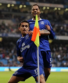 Images Dated 13th December 2008: Tim Cahill's Euphoric Goal Celebration: Everton's Historic First Score Against Manchester City