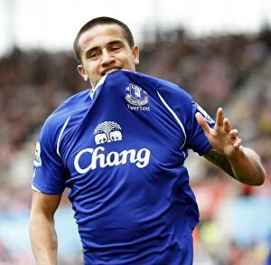 Images Dated 14th September 2008: Tim Cahill's Hat-Trick: Everton's Thrilling Victory Over Stoke City in the Premier League