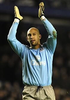 Images Dated 10th January 2009: Tim Howard Salutes Everton Fans: Everton vs Hull City, Barclays Premier League, Goodison Park
