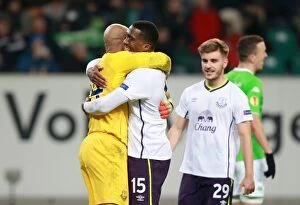Images Dated 27th November 2014: Tim Howard and Sylvain Distin's Emotional Europa League Reunion: Everton's Victory Celebration