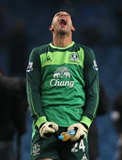 20 December 2010 Manchester City v Everton Collection: Tim Howard's Triumph: Everton's Goalkeeper Rejoices in Manchester City Victory