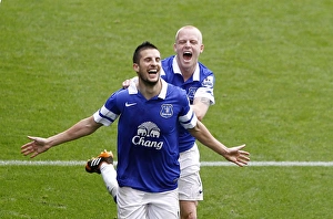Everton 3 V Arsenal 0 : Goodison Park : 06-04-2014 Prints: Triumphant Everton: Arteta's Own Goal (3-0) - Mirallas, Naismith Celebrate