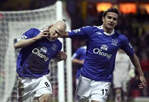Watford v Everton Collection: Watford v Everton - Andy Johnson celebrates scoring Evertons second goal with Tim Cahill